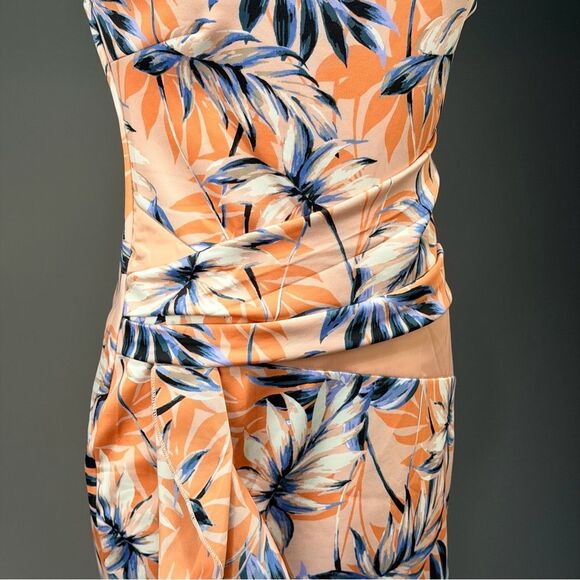 VENUS Tropical Print Off-Shoulder Midi Dress in Peach and Navy (rack 9) - Picture 3 of 10